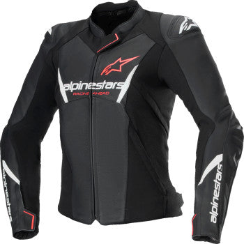 Alpinestars Stella Faster v3 leather jacket in black, white fluo, and coral, showing front view with fitted design and branding details.