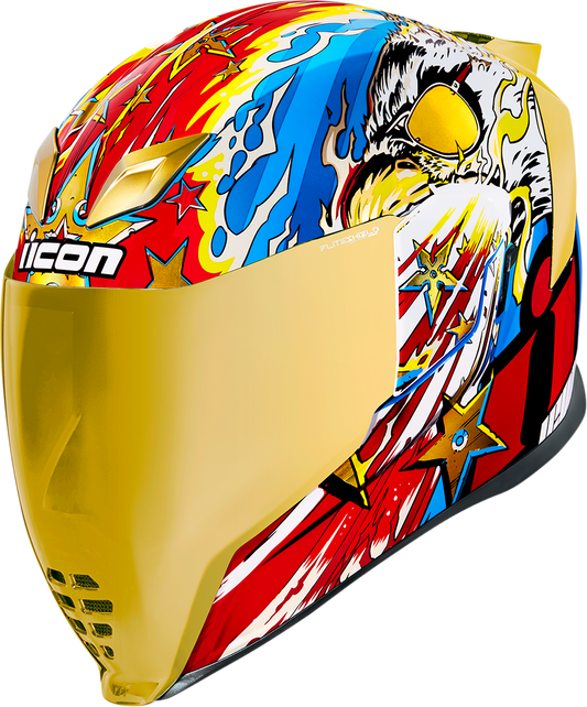 Bill's Exhausts ICON Airflite™ Helmet in gold with Freedom Spitter design, large size, front view with clear face shield.