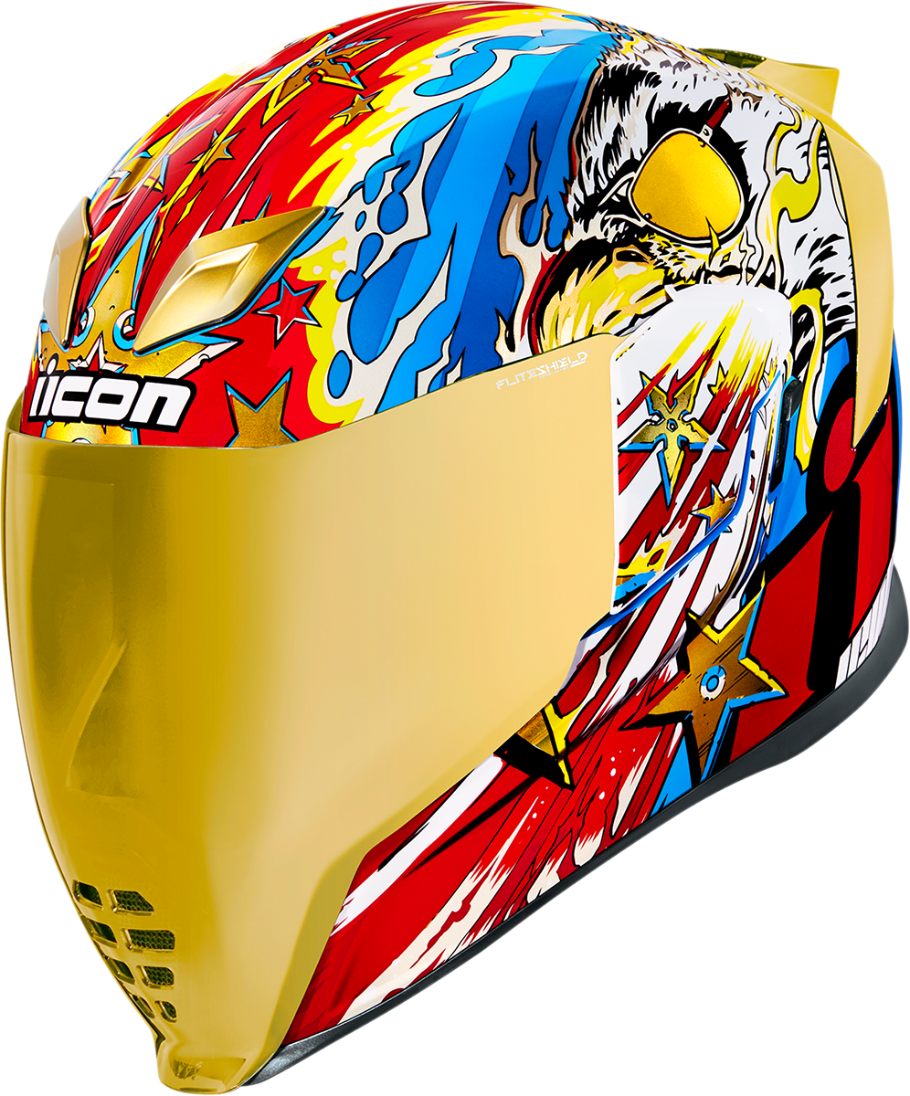 Bill's Exhausts ICON Airflite™ Helmet in Gold, XS size, featuring a sleek design with the Freedom Spitter graphic.