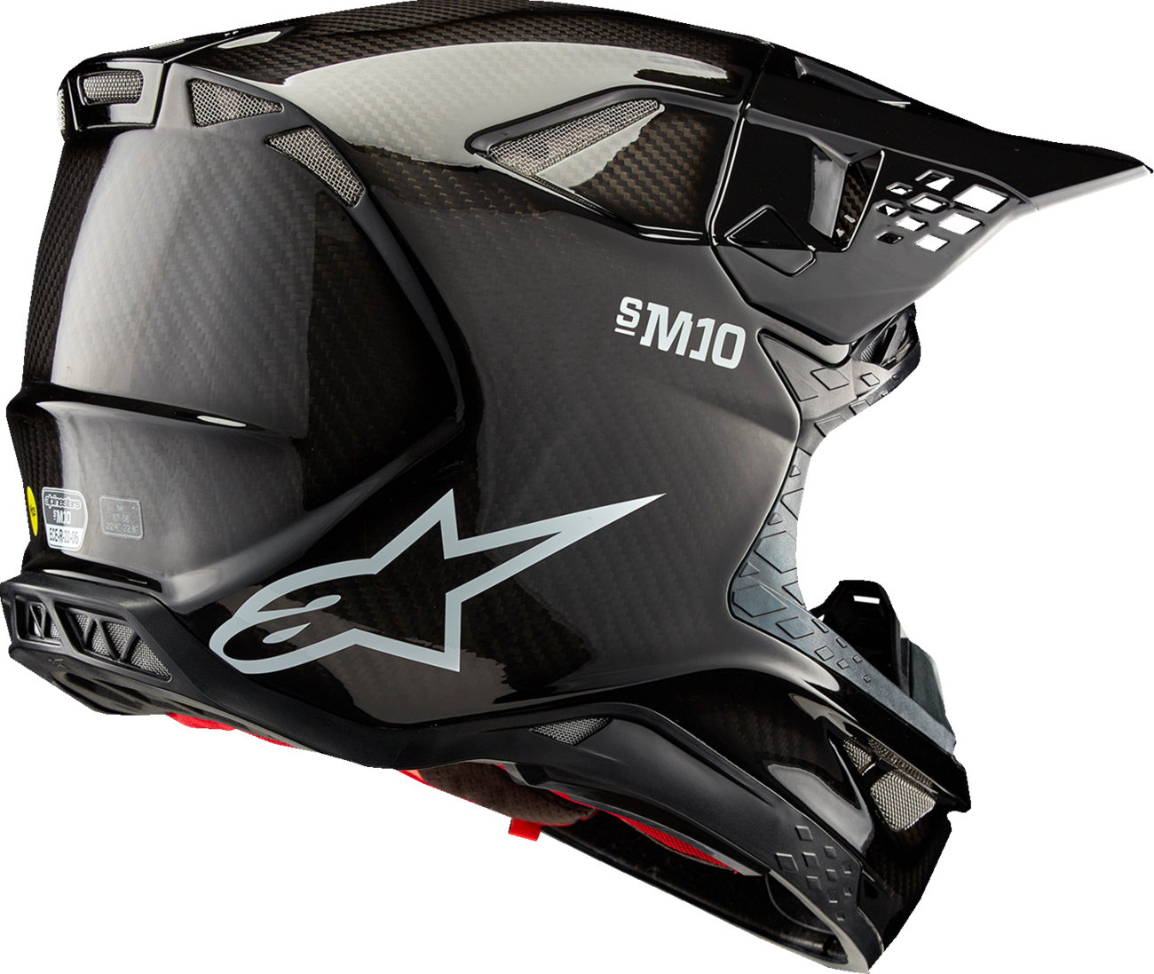 Alpinestars Supertech M10 Helmet in gloss black carbon with MIPS® technology, medium size, shown from front angle.
