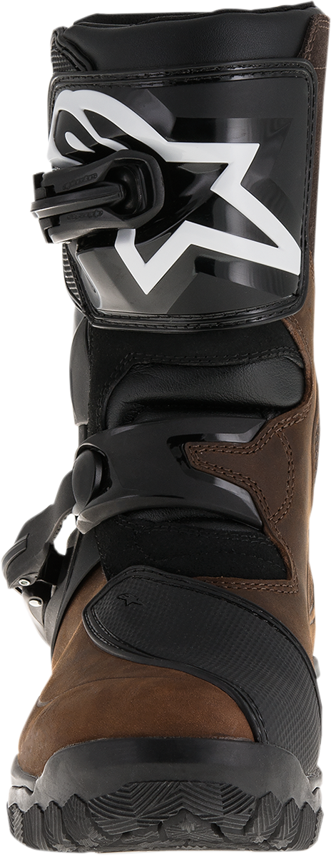 Oiled brown Alpinestars Belize Drystar boots in US 11, showing their rugged leather design and ankle protection features.