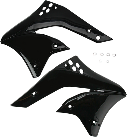 Black ACERBIS radiator shrouds for motorcycle body, featuring sleek design and brand-specific details, on a neutral background.