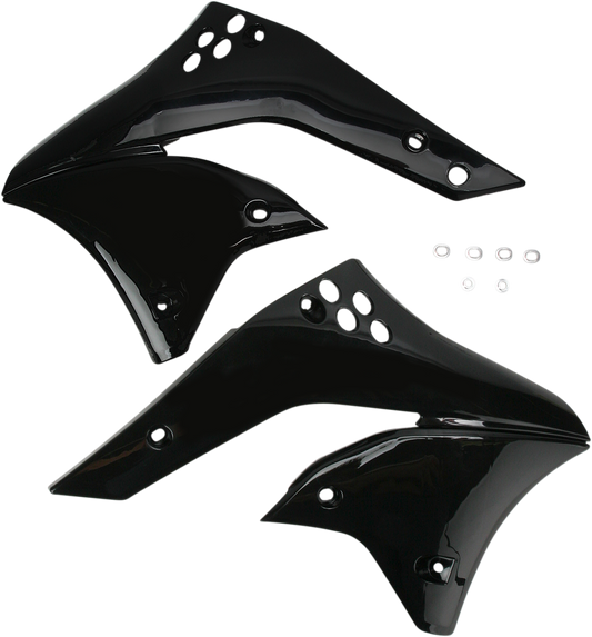 Black ACERBIS radiator shrouds for motorcycle body, featuring sleek design and brand-specific details, on a neutral background.