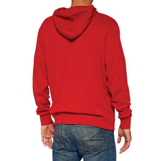 Red Bill's Exhausts 100% Icon pullover hoodie in 2XL, front view showing soft fabric and hood with adjustable drawstrings.