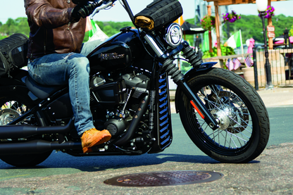 Kuryakyn Chin Spoiler for Harley Davidson Softail and Touring models, black aerodynamic motorcycle accessory with mounting brackets