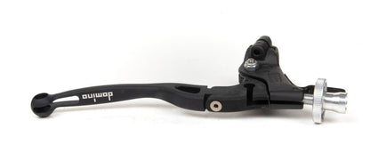 Domino MotoGP foldable clutch lever assembly made of forged aluminum, weighing 145g, shown on a motorcycle handlebar.