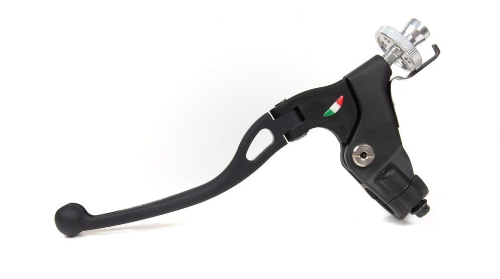 Domino MotoGP foldable clutch lever assembly made of forged aluminum, weighs 145g, designed for motorcycle clutch control.