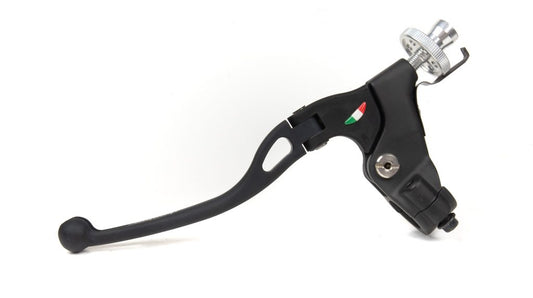 Domino MotoGP foldable clutch lever assembly made of forged aluminum, weighs 145g, designed for motorcycle clutch control.