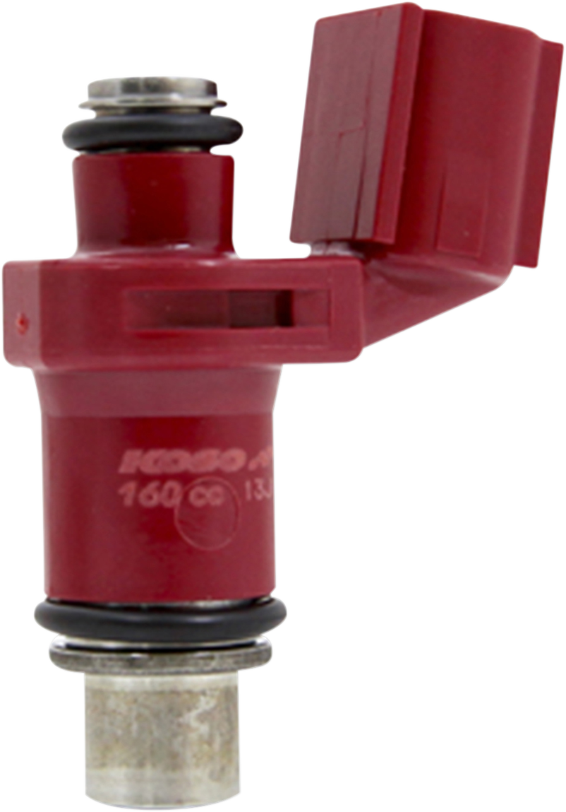 KOSO high-flow fuel injector for Honda Grom and Monkey, showing the sleek black fuel injector with brand markings.