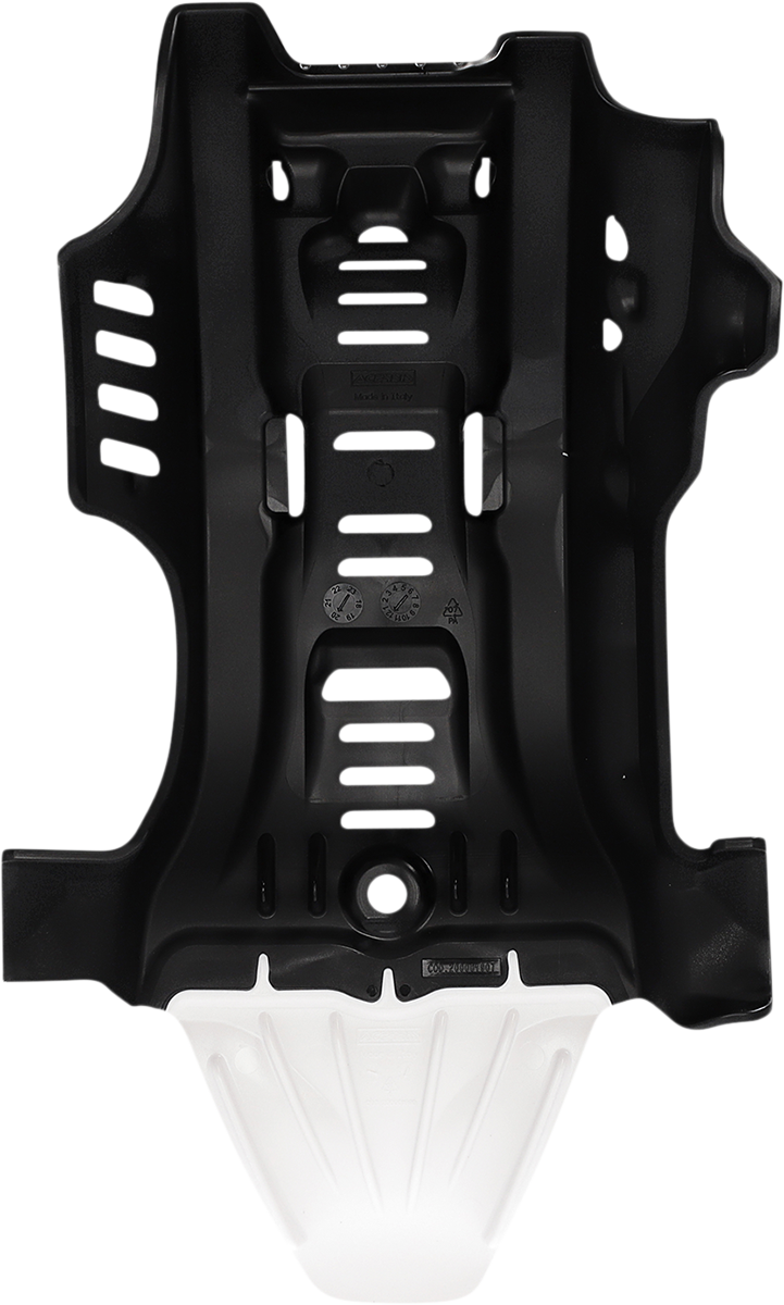 Black and white ACERBIS skid plate for Gas Gas, Husqvarna, and KTM motorcycles, designed to protect the bike's body during riding.