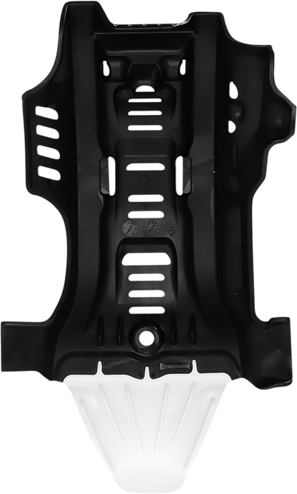 Black and white ACERBIS skid plate for Gas Gas, Husqvarna, and KTM motorcycles, designed to protect the bike's body during riding.