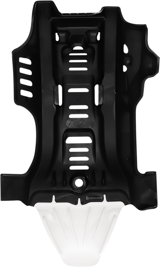 Black and white ACERBIS skid plate for Gas Gas, Husqvarna, and KTM motorcycles, designed to protect the bike's body during riding.