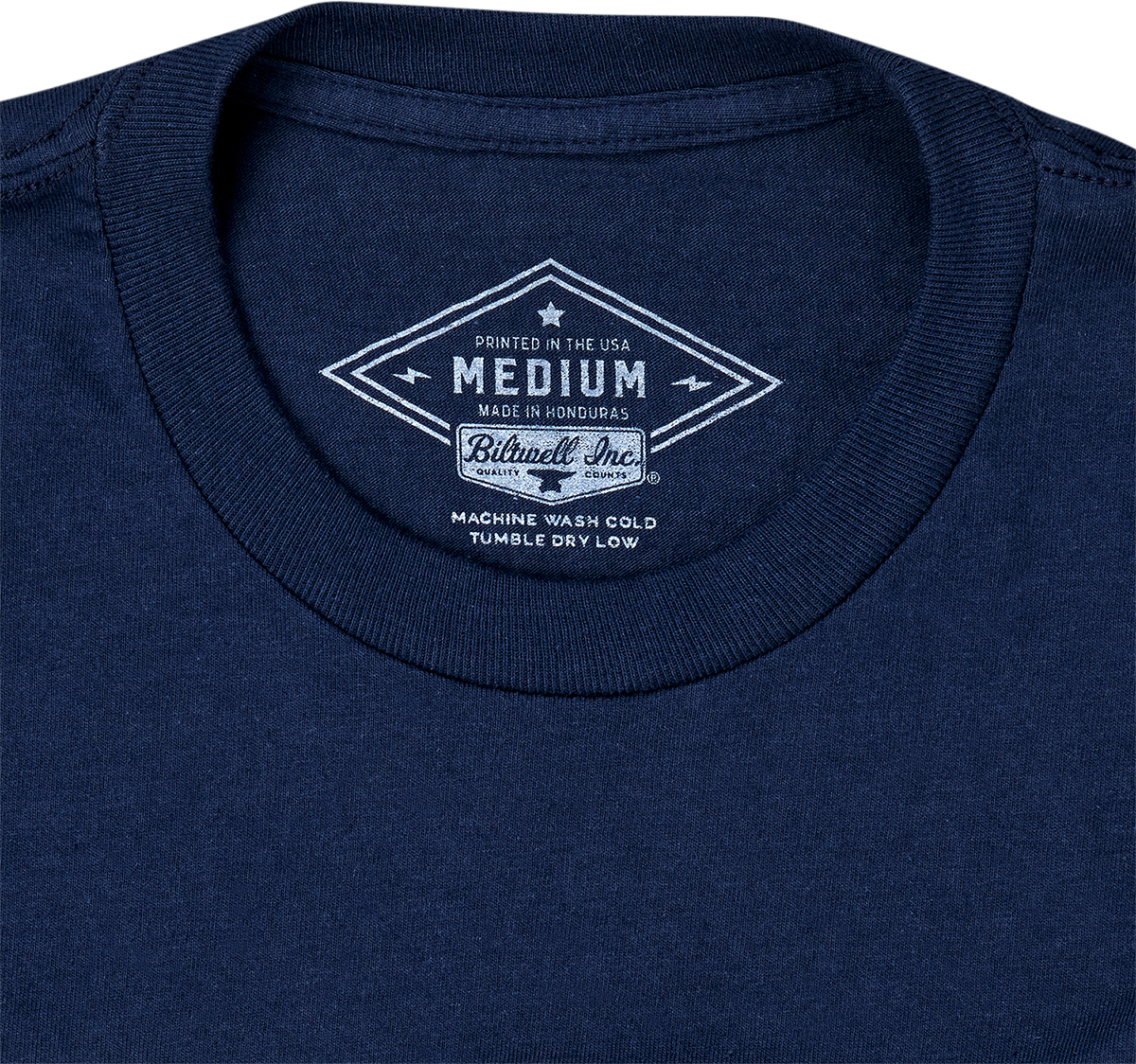 Bill's Exhausts BILTWELL Script T-Shirt in navy, medium size, featuring a stylish script logo on the front.