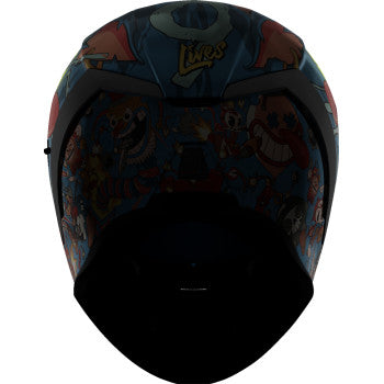 Blue ICON Airform™ Helmet in XS size with 9 Lives design, featuring sleek aerodynamic shape and ventilation openings.