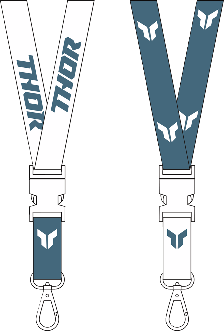 Steel and white Thor lanyard with Thor logo, featuring durable material and adjustable strap for secure wear.