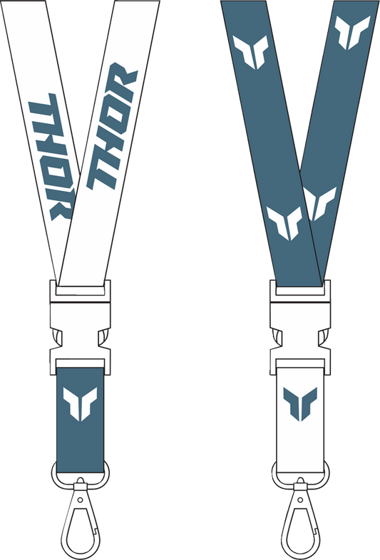 Steel and white Thor lanyard with Thor logo, featuring durable material and adjustable strap for secure wear.