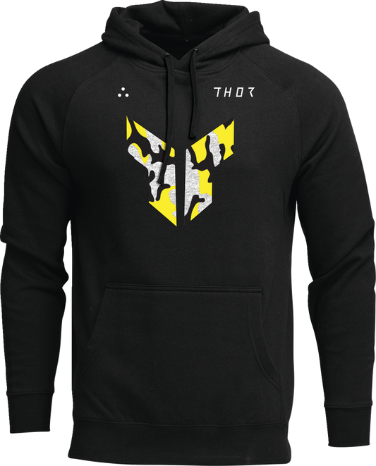 Black THOR Iconic Pullover Hoodie showing front view with hood and logo, made from comfortable fabric, casual athletic style.