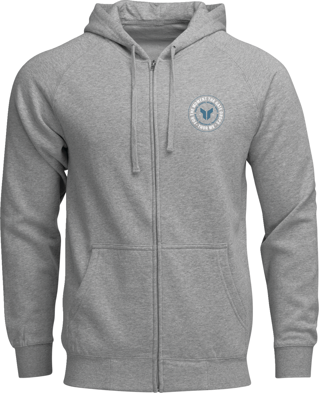 Heather gray THOR badge zip-up hoodie with front pockets and adjustable drawstrings, size XL, featuring the THOR logo on the chest.