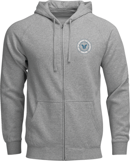 Heather gray THOR badge zip-up hoodie with front pockets and adjustable drawstrings, size XL, featuring the THOR logo on the chest.