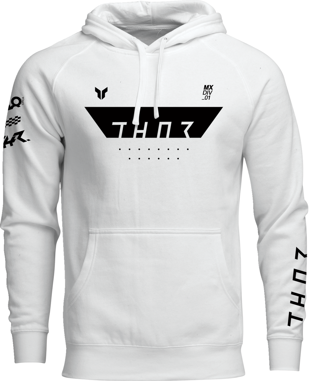 White THOR Rogue pullover hoodie in XL made from heavyweight cotton-polyester blend, shown on a hanger.