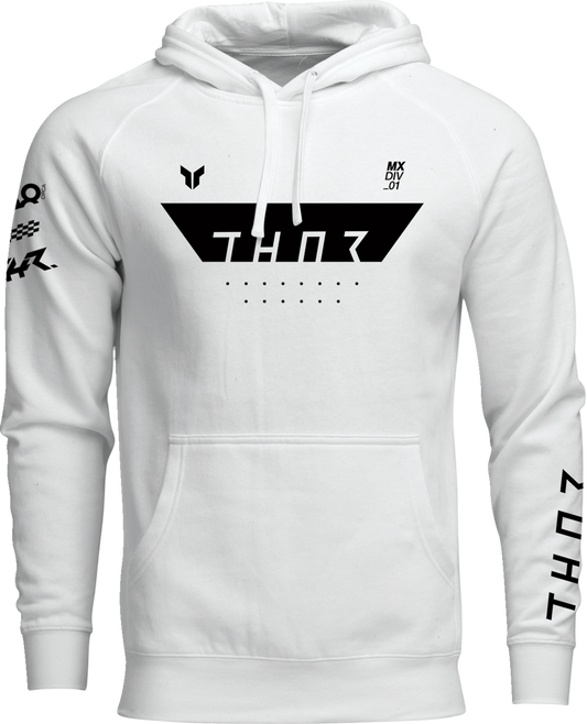 White THOR Rogue pullover hoodie in XL made from heavyweight cotton-polyester blend, shown on a hanger.
