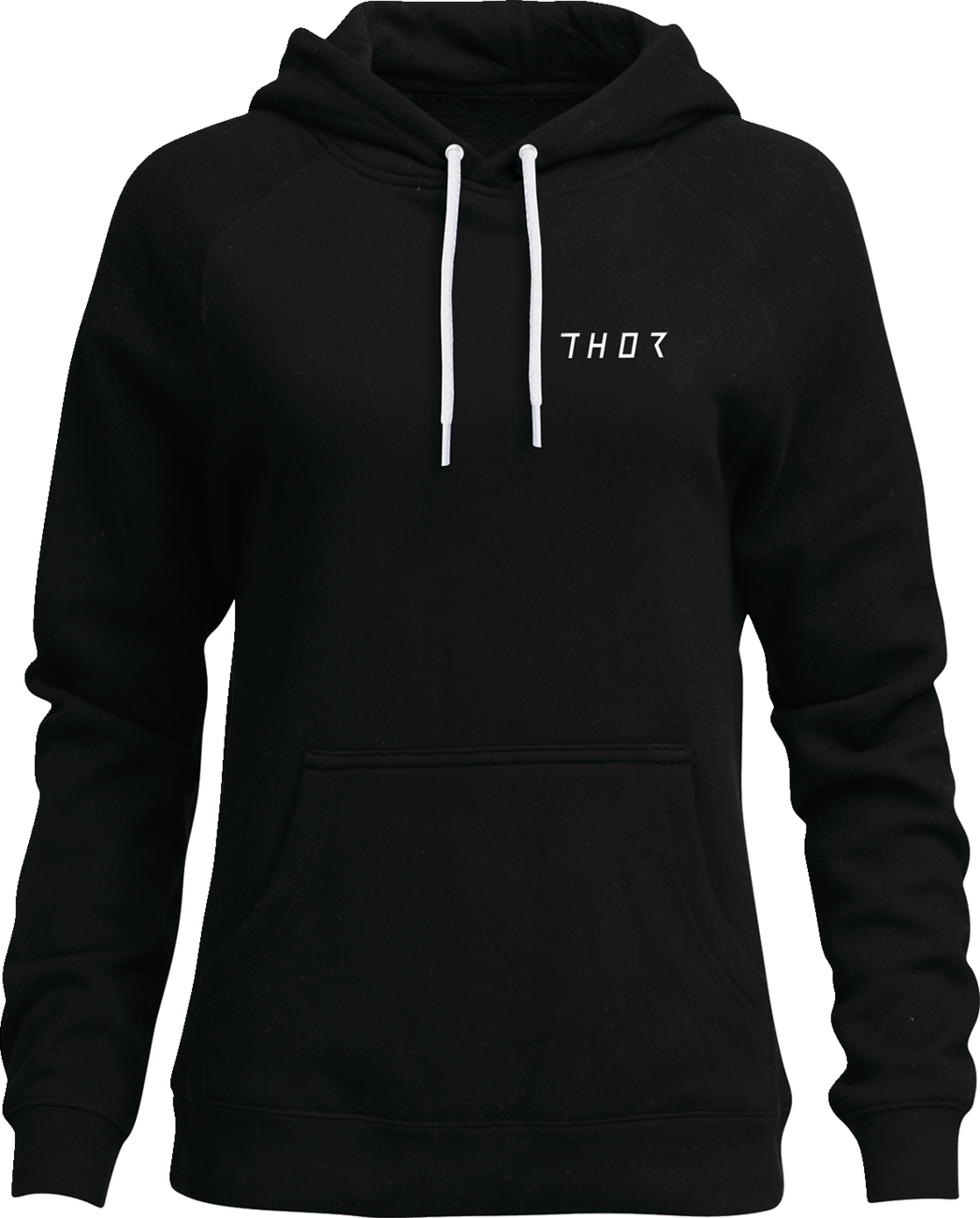 Black THOR Women's Trax Pullover Hoodie, small size, with a hood and front pocket, casual athletic style.