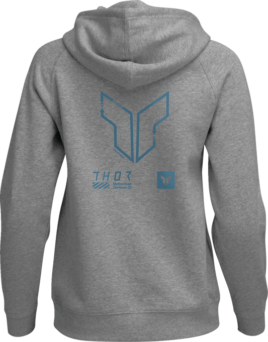 THOR Women's Heather Gray Trax Pullover Hoodie, front view showing soft fabric and relaxed fit, size medium.
