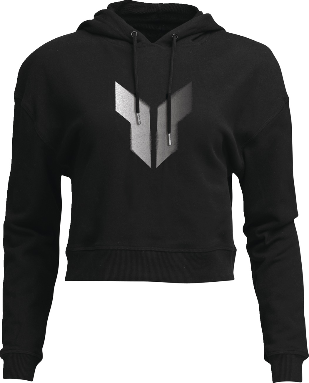 Black THOR Women's Noise Pullover Crop Hoodie with long sleeves, shown on a mannequin, size large.