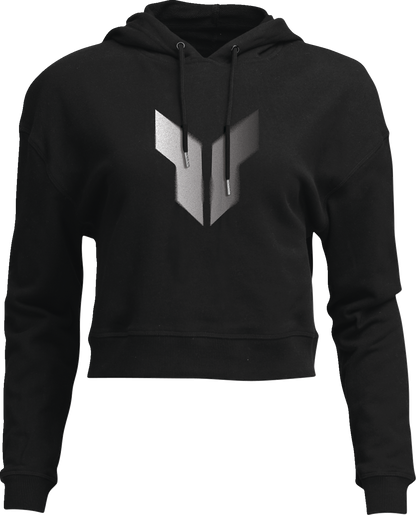 Black THOR Women's Noise Pullover Crop Hoodie with long sleeves, shown on a mannequin, size large.