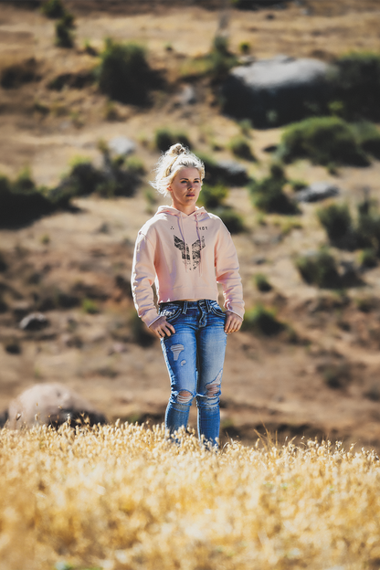 Pink THOR Women's Iconic Pullover Crop Hoodie with logo, featuring a comfortable fit and casual style.