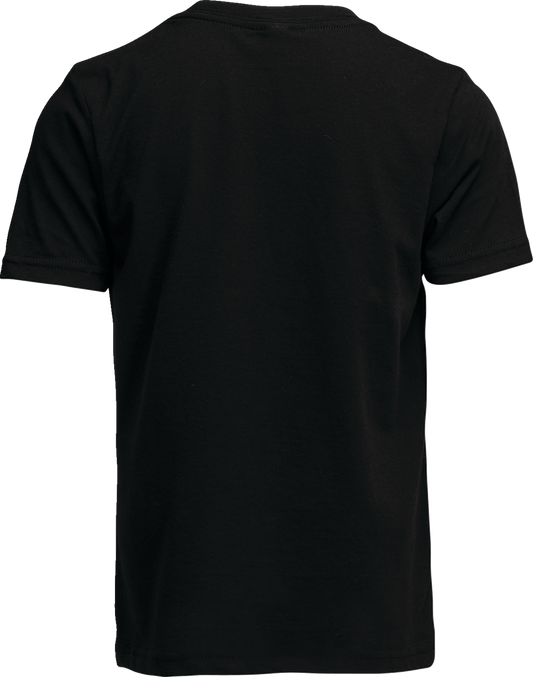 Teenage boy wearing the black THOR Youth Iconic T-Shirt, featuring the THOR logo in white on a carbon black background.