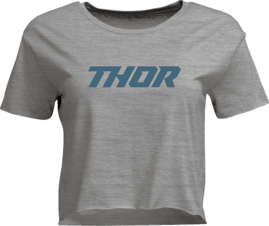 Heather gray THOR Women's Crop T-Shirt with logo, size large, casual fit, featuring a stylish crop design and soft fabric.