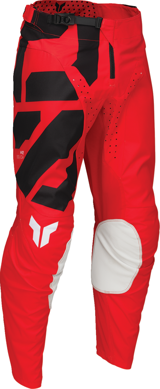 Red THOR Launchmode Forge motocross pants with reinforced fabric, ventilation panels, and US size 30 for durable riding comfort.