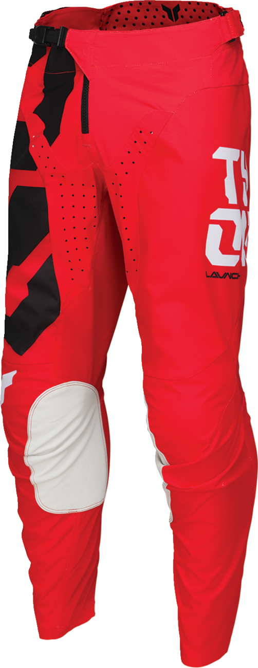 Red THOR Launchmode Forge motocross pants with reinforced fabric, ventilation panels, and US size 30 for durable riding gear.