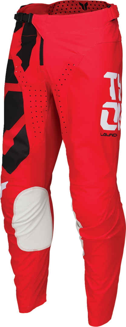 Red THOR Launchmode Forge motocross pants with reinforced fabric, ventilation panels, and US size 30 for durable riding gear.