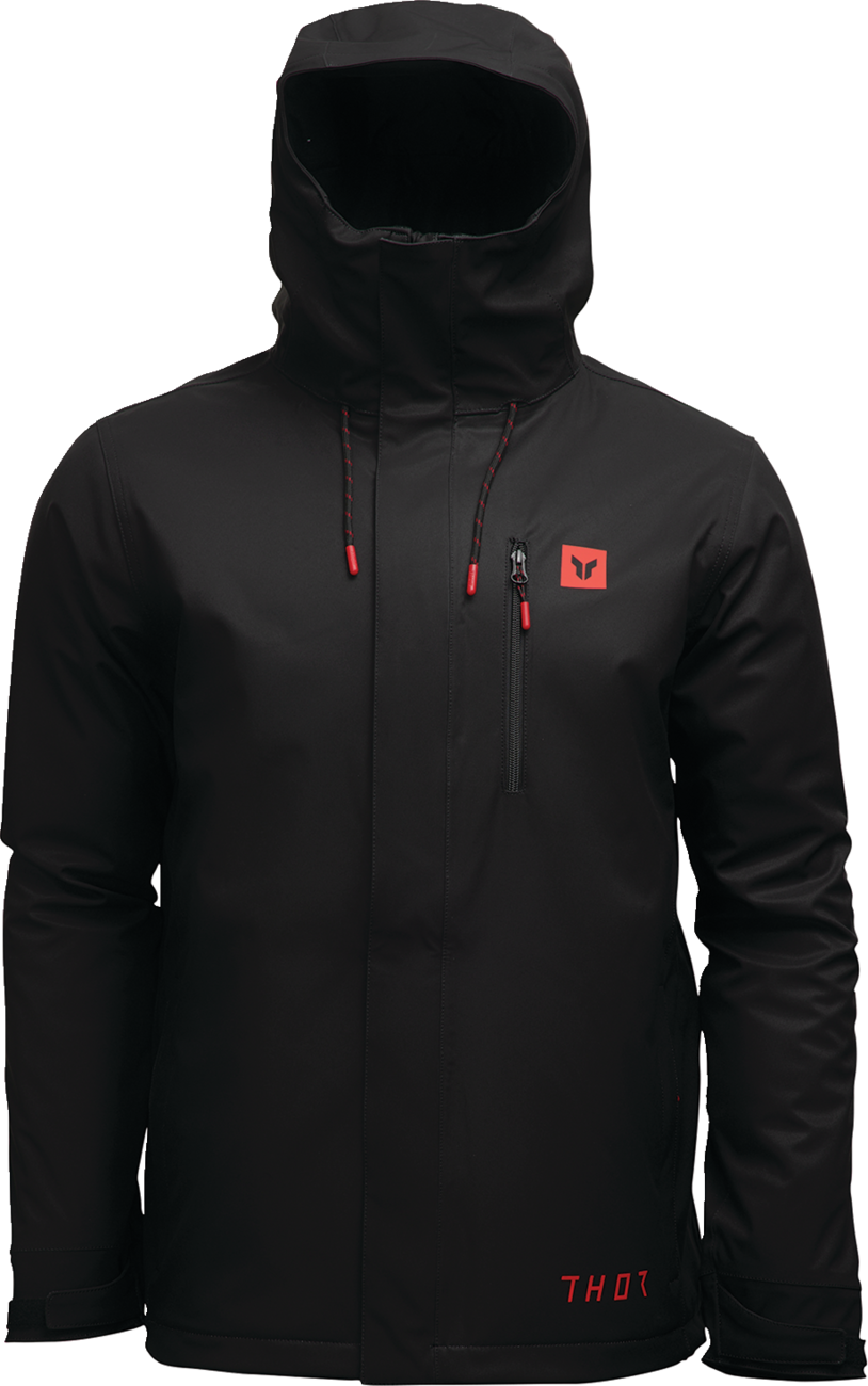 Black THOR Tour motorcycle jacket, waterproof and insulated, with chest pocket, size large, designed for riding comfort and protection.