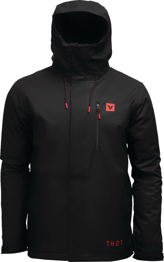 Black THOR Tour motorcycle jacket, waterproof and insulated, with chest pocket, size large, designed for riding comfort and protection.