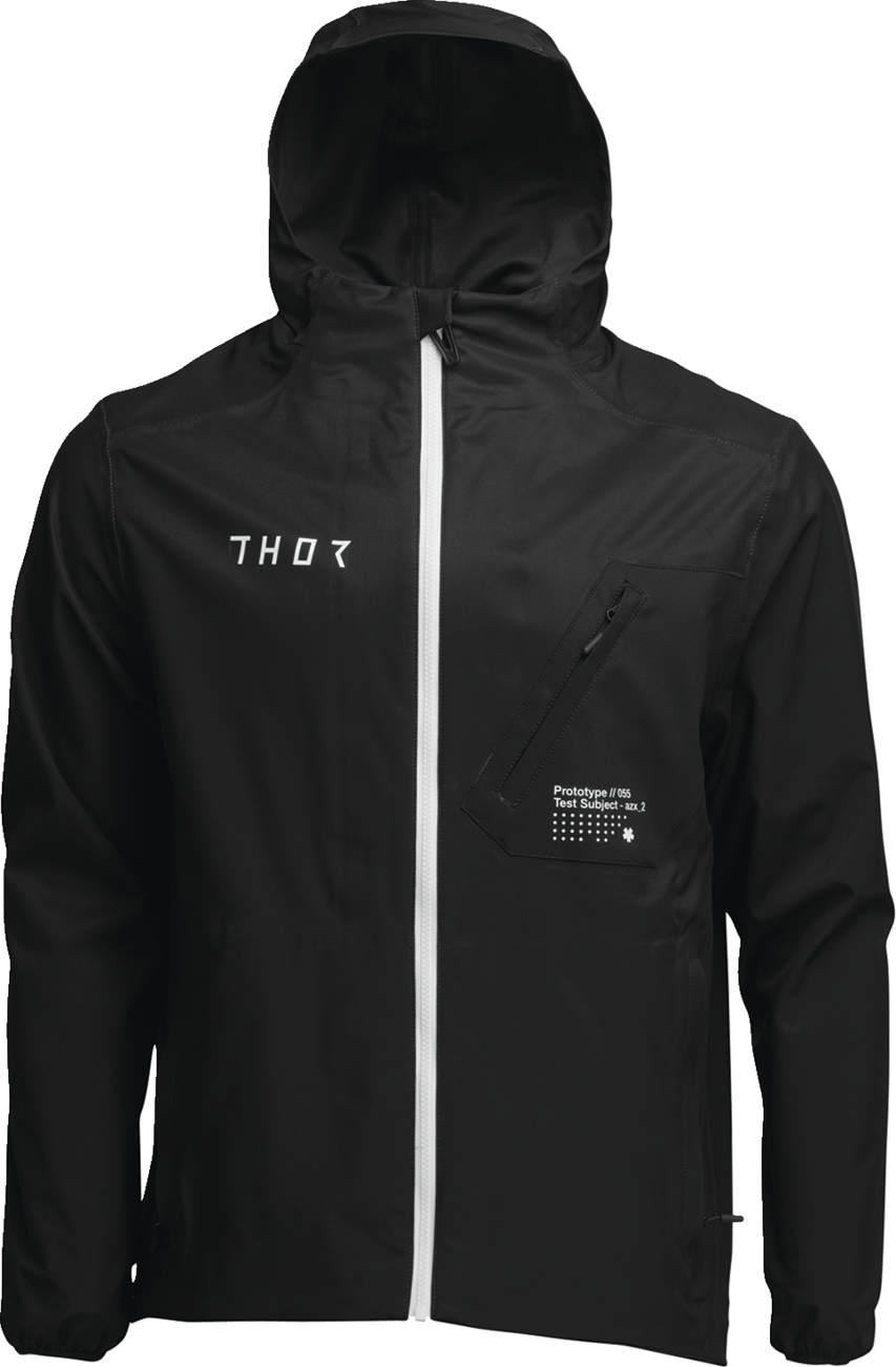 Black THOR Unit Light Shell Jacket in size XL, featuring a sleek design and lightweight waterproof material.