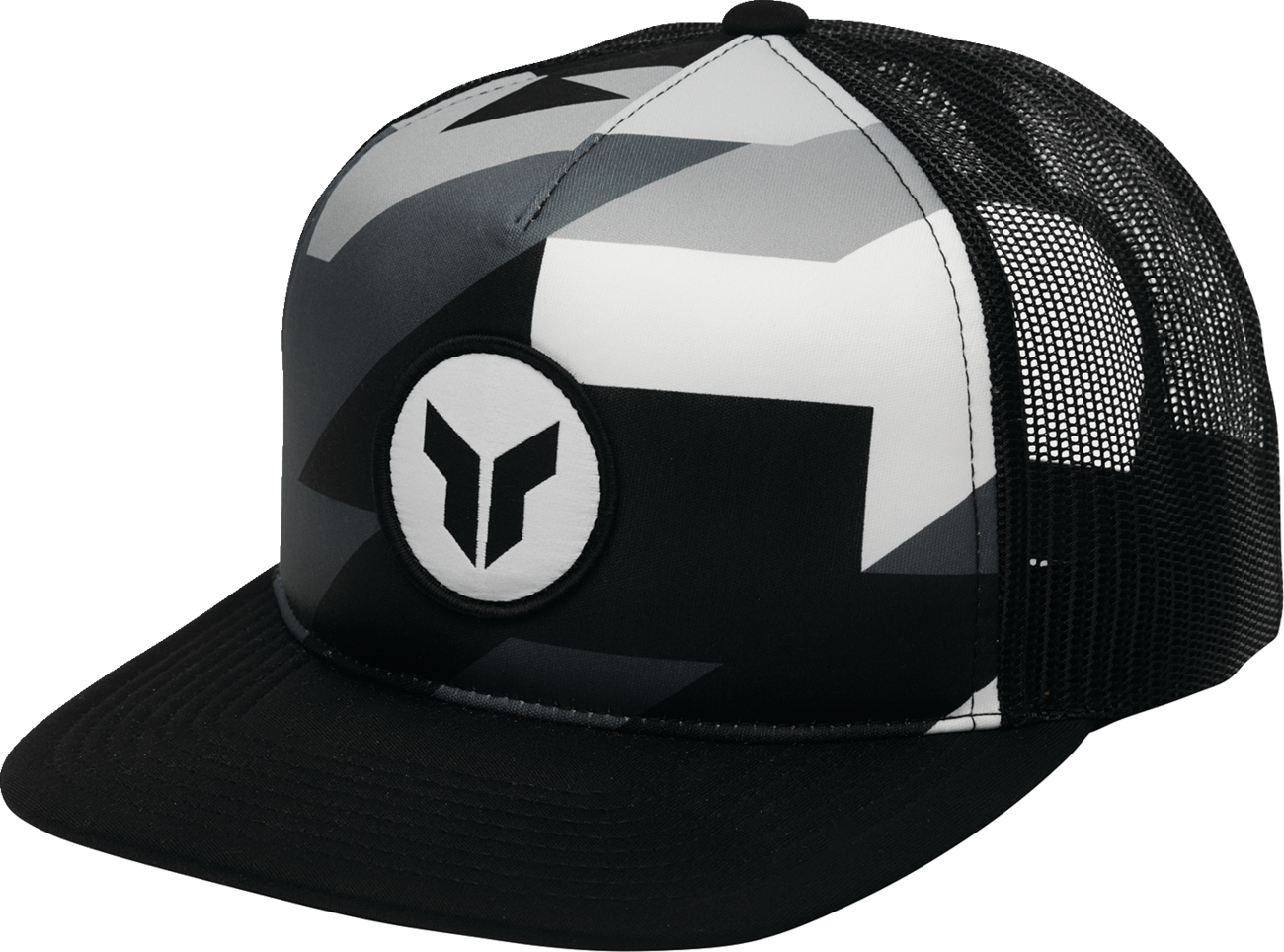 Black THOR Brave hat, five-panel trucker cap with woven patch, featuring adjustable snapback and mesh sides