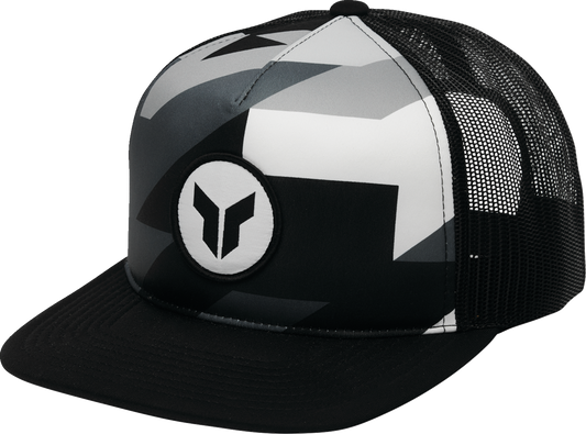 Black THOR Brave hat, five-panel trucker cap with woven patch, featuring adjustable snapback and mesh sides