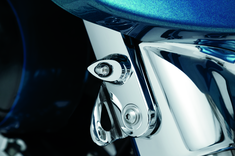 Kuryakyn Kellerman Atto clear lens amber chrome motorcycle LED light showing the LED bulb and chrome housing