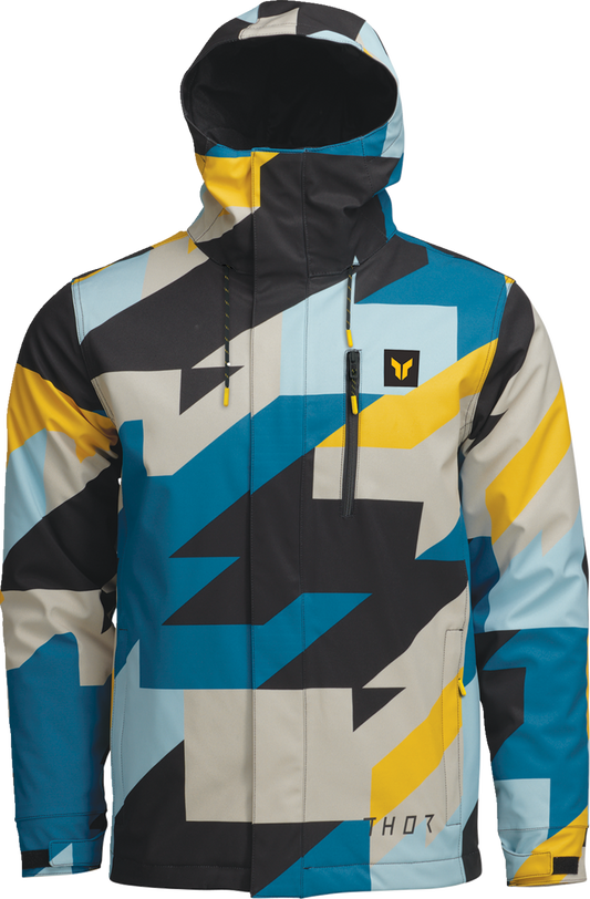 THOR Brave Tour Jacket in blue and yellow, small size, featuring sporty design and brand logo, on a plain background.