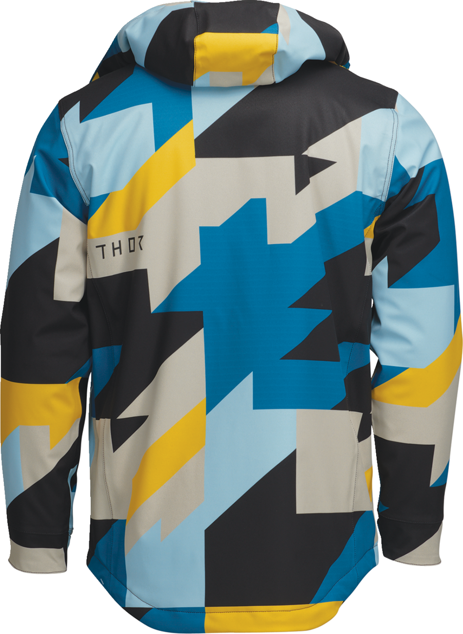 Blue and yellow THOR Brave Tour motorcycle jacket in medium size featuring protective design and durable textile materials.