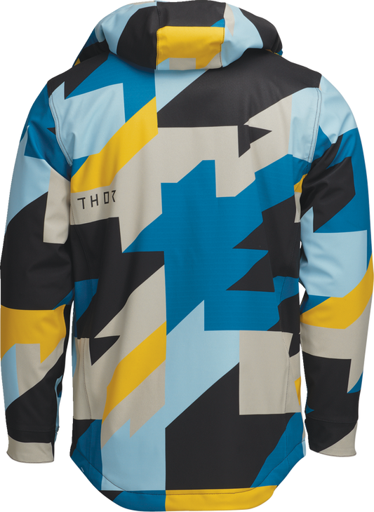 Blue and yellow THOR Brave Tour motorcycle jacket in medium size featuring protective design and durable textile materials.