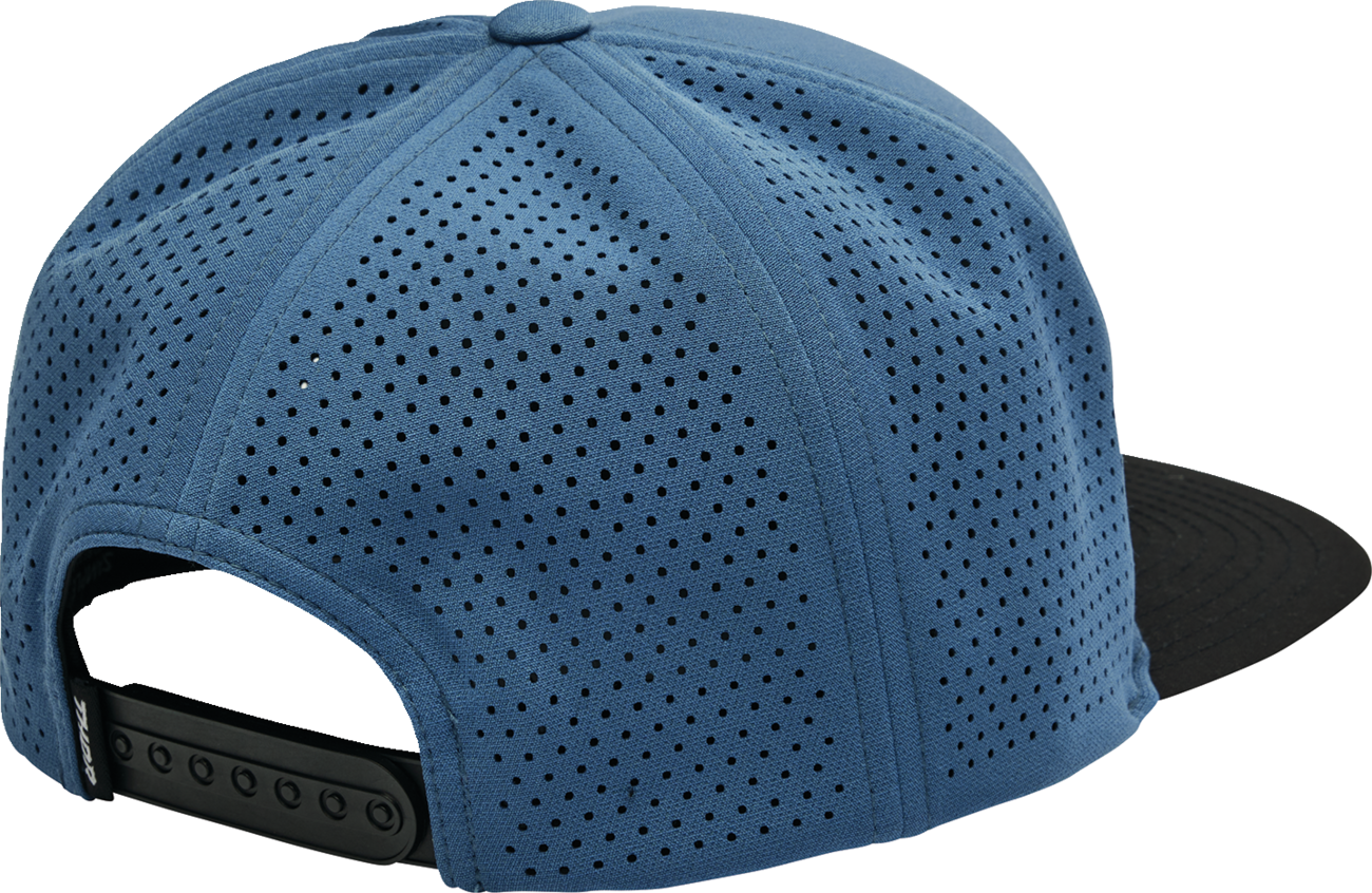 Slate blue THOR badge hat with adjustable strap and embroidered logo, casual headwear for outdoor activities.