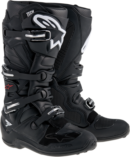 Black Alpinestars Tech 7 motorcycle boots with protective features, US size 9, designed for durability and comfort.