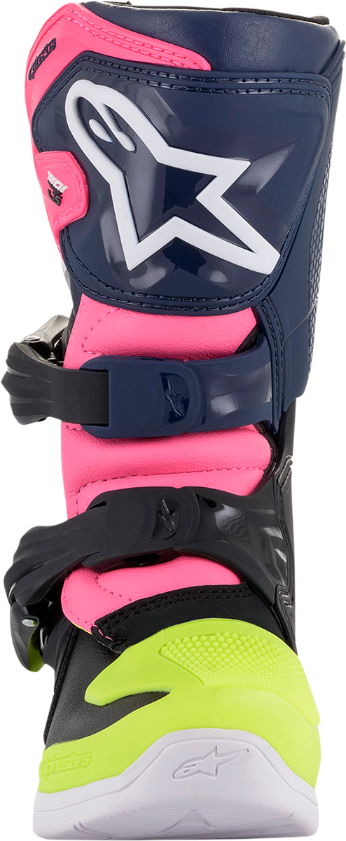 Alpinestars Tech 3S motorcycle boots in black, blue, and pink with reinforced ankle support, US size 12.