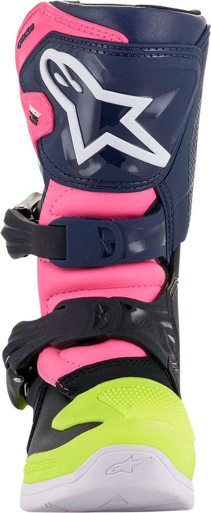 Alpinestars Tech 3S motorcycle boots in black, blue, and pink with reinforced ankle support, US size 12.