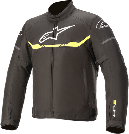 Alpinestars T-SP S waterproof jacket in black and yellow, 2XL size, featuring a lightweight design and waterproof material.
