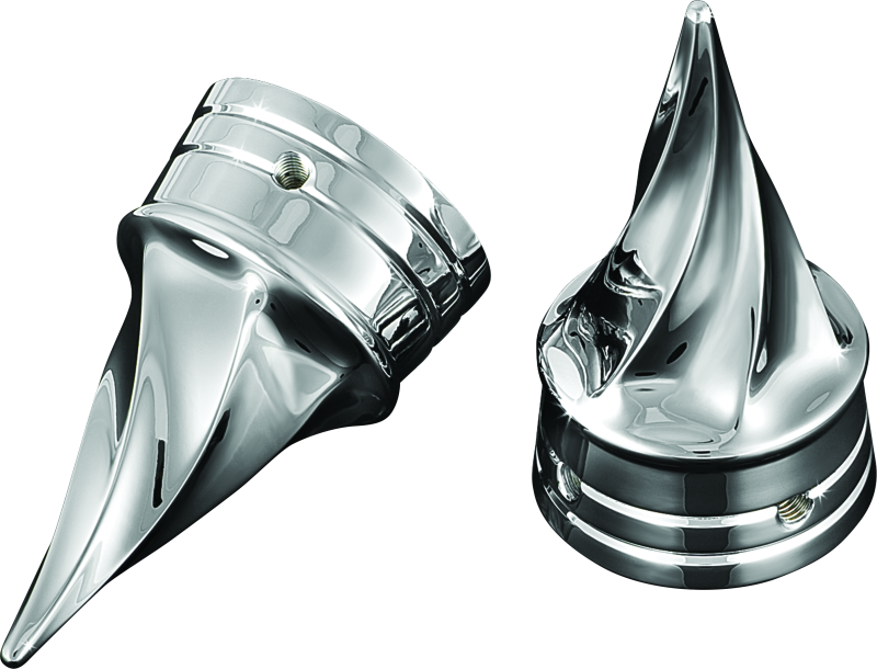 Chrome Kuryakyn Twisted Axle Caps for Harley Davidson and Sportster models, featuring a sleek, twisted design.